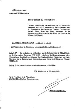 Loi N° 2005-28 du 10 aout 2005 portant autorisation de ratification de la Convention Générale AlC...