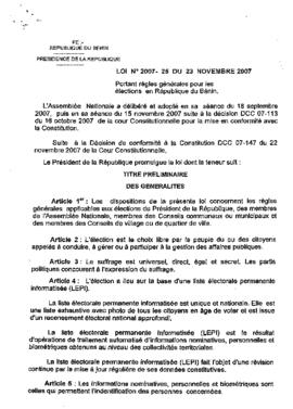 Loi N° 2007- 25 du 23 novembre 2007 portant règles générales pour les élections en République du Bénin.