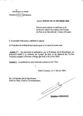 Loi N° 2004-01  portant autorisation de ratification du protocole relatif à la création du Consei...