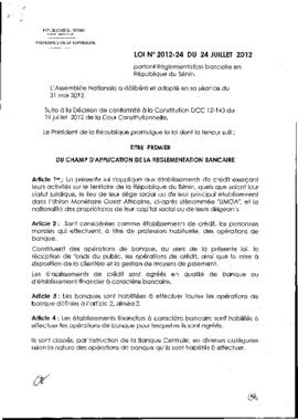 Loi N° 2012-24 du 24 juillet 2012 portant Règlementation bancaire en République du Bénin.