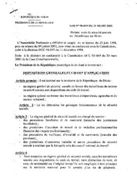 Loi N° 98-019 portant code de sécurité sociale en  République du Bénin