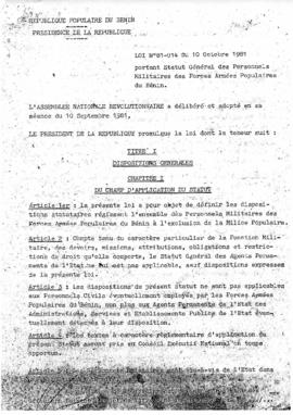 Loi N° 81-014 portant Statut Général des Personnels Militaires des Forces Armées Populaires du Bénin.