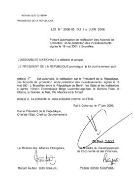 Loi N° 2006-005 portant autorisation de ratification des Accords de promotion et de protection des investissements signés le 18 mai 2001 à Bruxelles