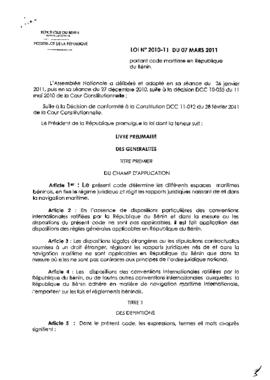 Loi N° 2010-11 portant code maritime en République du Bénin.