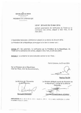 Loi N° 2016-02 du 25 mai 2016 portant autorisation de ratification du Traité sur le commerce des ...