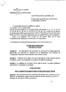 Loi N° 2000-18 portant règles générales pour les élections en République du Bénin