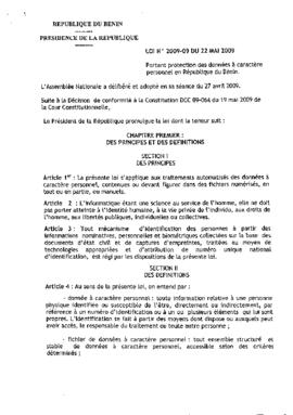 Loi N° 2009-09 portant protection des données à caractère personnel en République du Bénin