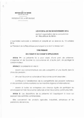 Loi N° 2016-25 portant organisation de la concurrence en République du Bénin