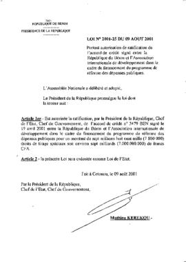 Loi N° 2001-25  portant autorisation de ratification de l&#039;accord de crédit signé entre la République du Bénin et l&#039;Association internationale de développement dans le cadre du financement du programme de réforme des dépenses publiques