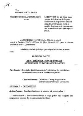 Loi N° 97-010 du 20 août 1997 portant libéralisation de l&#039;espace audiovisuel et dispositions...