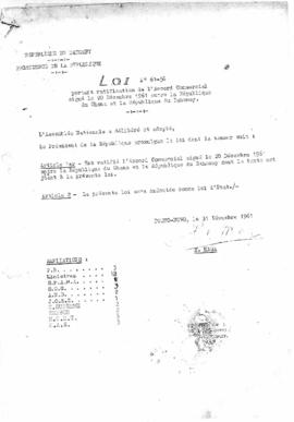 Loi N° 61-58 portant ratification de l&#039;accord commercial signé le 20 décembre 1961 entre la république du ghana et la république du dahomey.
