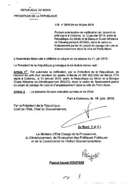 Loi N° 2010-24 portant autorisation de ratification de l&#039;accord de prêt signé à cotonou, le ...
