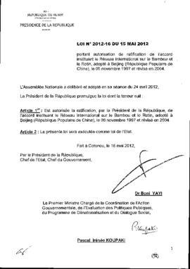 Loi N° 2012-16 du 15 mai 2012 portant autorisation de ratification de l&#039;accord instituant le...
