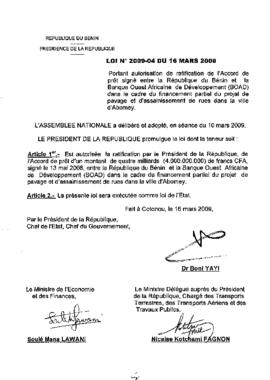 Loi N° 2009-04  portant autorisation de ratification de l&#039;Accord de prêt signé entre la République du Bénin et la Banque Ouest Africaine de Développement (BOAD) dans le cadre du financement partiel du projet de pavage et d&#039;assainissement de rues dans la ville d&#039;Abomey