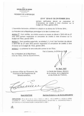 Loi N° 2016-01 du 29 février 2016 portant ratification décret de majoration et d&#039;annulation ...