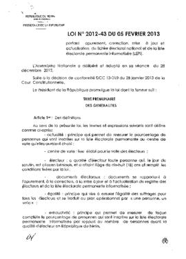Loi  N° 2012-43 du 05 février  2013 portant apurement, correction, mise à jour et actualisation du fichier électoral national et de la liste électorale permanente informatisée (LEPI).