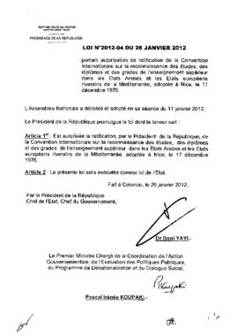 Loi N° 2012-04 du 26 janvier 2012 portant autorisation de ratification de la Convention Internati...