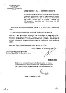 Loi N° 2012-31 du 14 septembre 2012 portant autorisation de ratification du protocole portant ame...