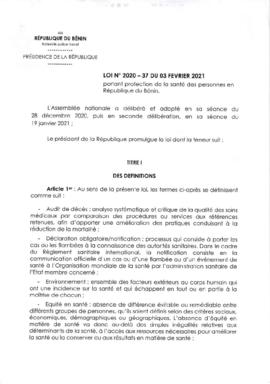 Loi N°2020-37 du 03 février 2021 portant protection de la santé des personne en République du Bénin