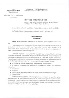 Loi N°2022-14 du 19 juillet 2022 portant orientation agricole, sécurité alimentaire et nutritionnelle en République du Bénin