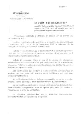 Loi N°2019-41 du 15 novembre 2019 modifiant et complétant la loi n°2018-23 du 17 septembre 2018 portant charte des parties politiques en République du Bénin.