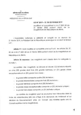 Loi N°2019-12 du 25 février 2019 modifiant et complétant la loi n°2001-35 du 21 février 2003 portant statut de la magistrature en République du Bénin