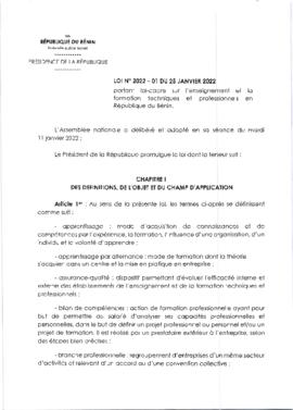 Loi N° 2022-01 du 25 janvier 2022 portant loi-cadre sur l&#039;enseignement et la formation techniques et professionnels en République du Bénin.