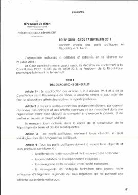 Loi N°2018-23 du 17 septembre 2018 portant charte des parties politiques en République du Bénin.