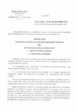 Loi N°2018-39 du 28 décembre 2018 portant loi de finance, pour la gestion 2019