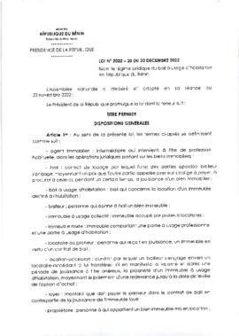 Loi N°2022-30 du 20 décembre 2022 fixant le régime juridique du bail à usage d&#039;habitation en Réépublique du Bénin