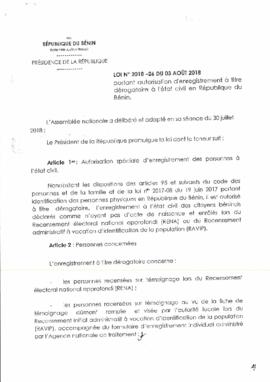 Loi N°2018-26 du 03 août 2018 portant t autorisation d&#039;enregistrement à titre dérogatoire à l&#039;état civil en République du Bénin.
