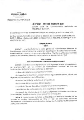 Loi N°2021-14 du 20 décembre 2021 portant code de l&#039;administration territoriale en République du Bénin.