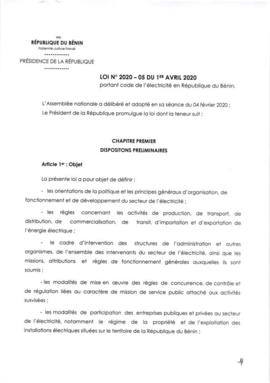 Loi N°2020-05 du 1er Avril 2020 portant code de l&#039;électricité en République du Bénin