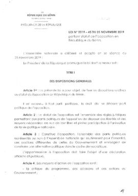 Loi N°2019-45  du 25 novembre 2019 portant statut de l&#039;opposition en République du Bénin