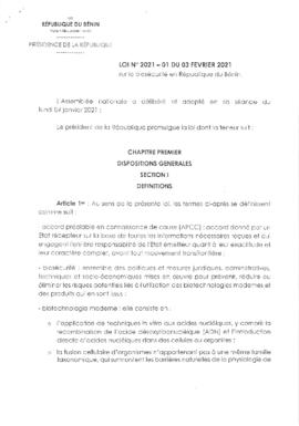 Loi N°2021-01 du 03 février 2021 sur la biosécurité en République du Bénin