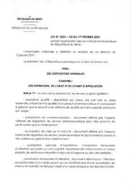 Loi N°2021-03 du 1er février 2021 portant organisation des activités pharmaceutiques en Républiqu...