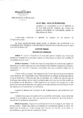 Loi N°2022-35 du 23 février 2023 modifiant la loi N° 2004-03 du 27 avril 2006 portant création de l&#039;Ordre des experts-comptables et comptables agréés en République du Bénin.