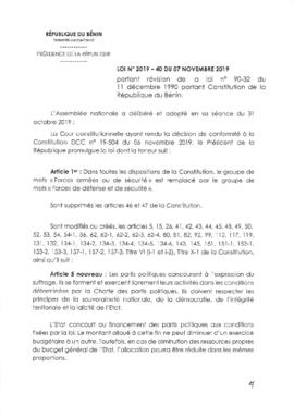 LOI N. 2019 - 40 DU 07 NOVEMBRE 2019 portant la révision de là loi n° 90-32 du 11 décembre 1990 portant Constitution de la République du Bénin